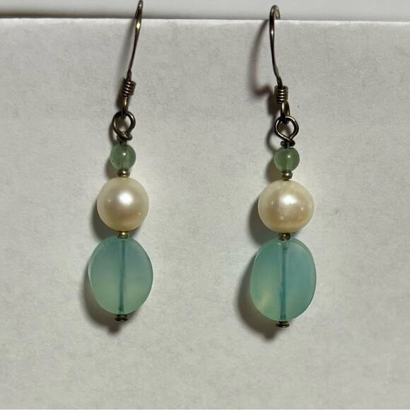 Freshwater Pearl & Aqua Glass Bead Drop Earrings Handmade Silver-Tone Dangle - Picture 3 of 8
